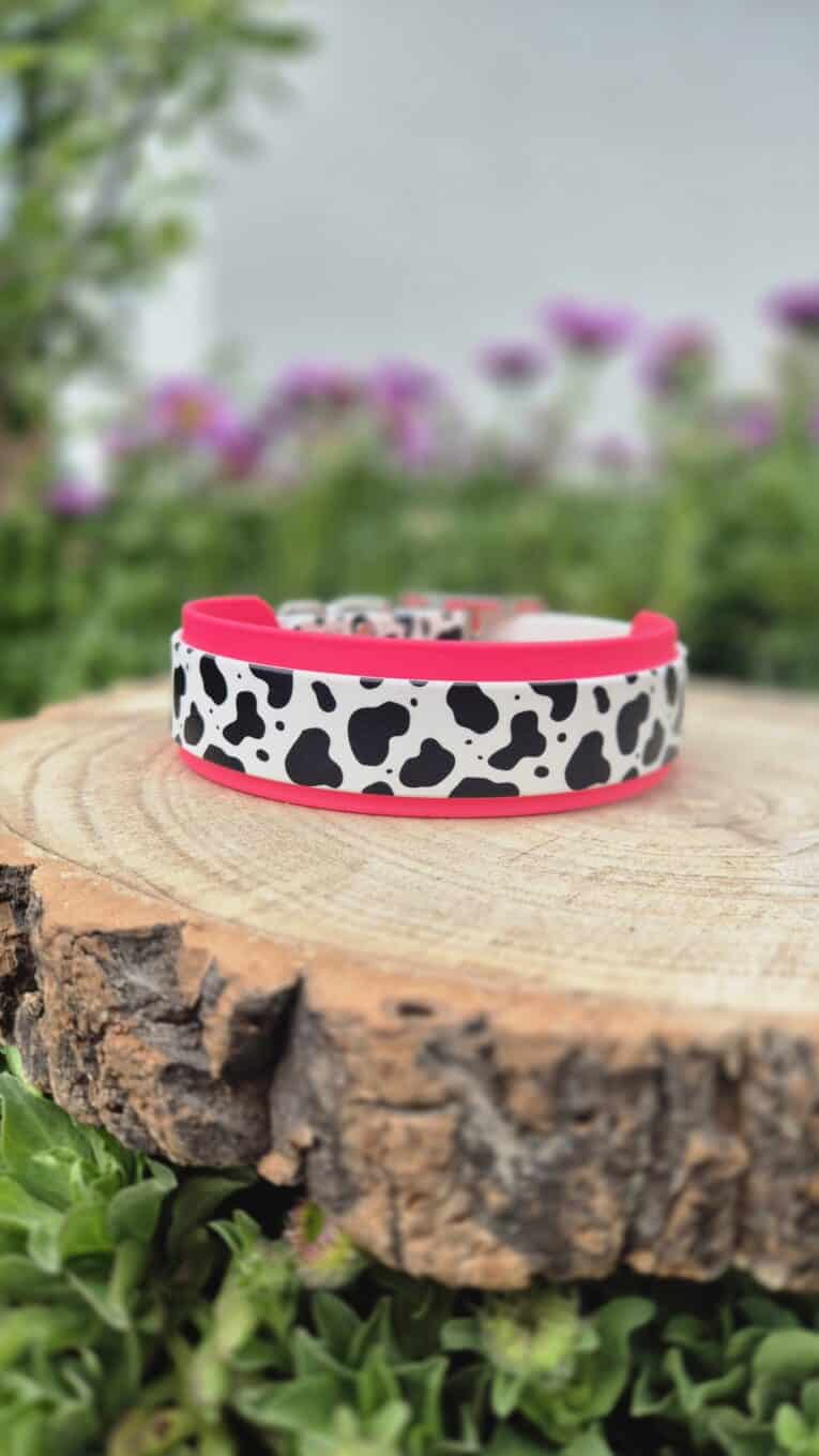 Handmade BioThane dog collar with cow print and neon pink trim, displayed on wooden log in garden setting.