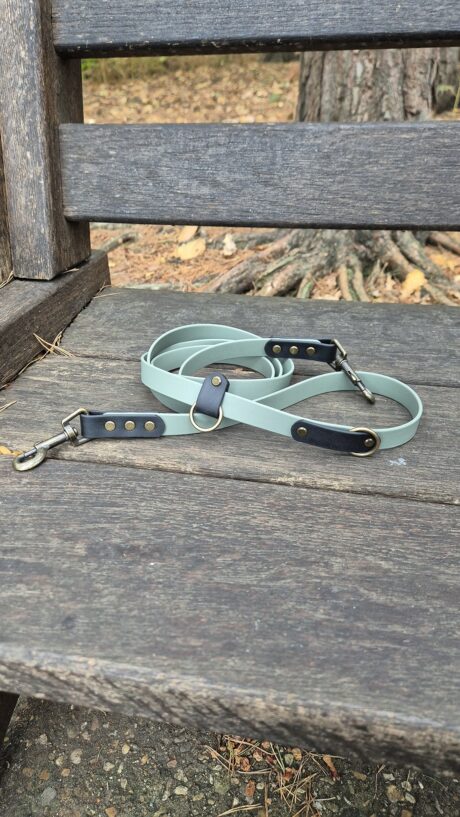 Deep forest multiway lead with brass hardware and black BioThane handles, coiled on weathered wood.