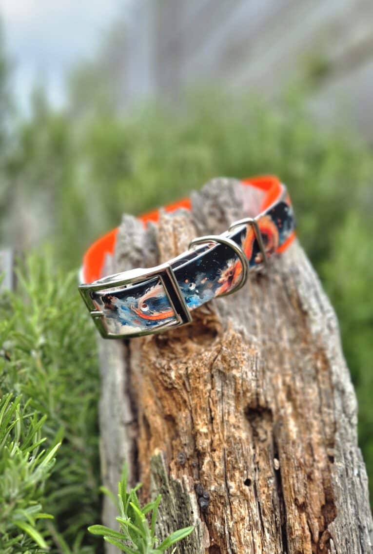 Vibrant handmade BioThane dog collar with orange and black dragon design on weathered wood log.