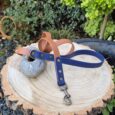 Two handmade BioThane dog leads displayed on a wood slice: navy blue with brass hardware and tan brown, set in a garden.