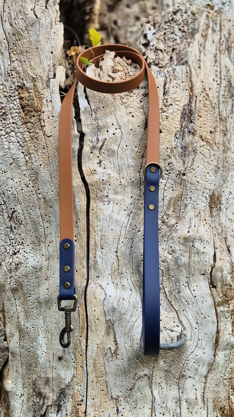 Handmade BioThane dog lead and collar in harbour wood colour with brass hardware, displayed on weathered wood.