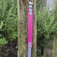 Heather mist tapered handmade BioThane dog collar with lavender hardware, displayed on weathered wood post outdoors.
