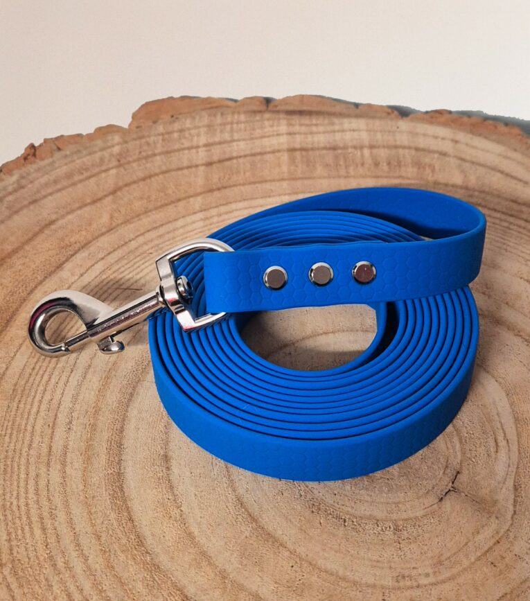 Bright blue handmade BioThane dog longline coiled on natural wood, featuring silver hardware and studded collar detail.