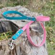 Pink and teal BioThane dog lead and collar set displayed on weathered wood outdoors.
