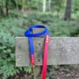 Blue and red handmade BioThane dog collars with brass hardware displayed on a wooden fence in woodland.
