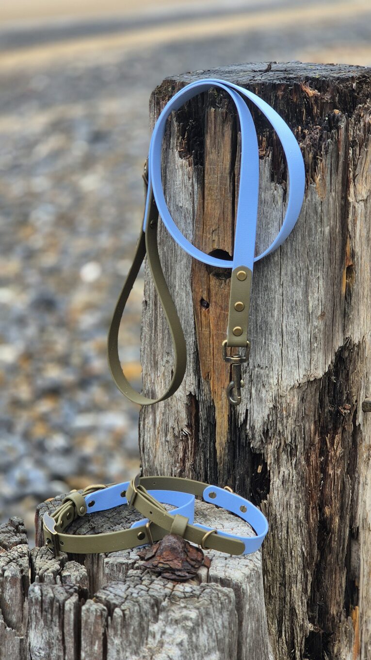 Handmade BioThane dog collar and lead set in blue and olive, displayed on weathered beach wood.