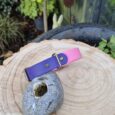 Sweet violet and pink handmade BioThane dog collar with brass fittings, displayed on wood.