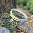 Yellow and blue floral handmade BioThane dog tag collar displayed on succulent plants outdoors.