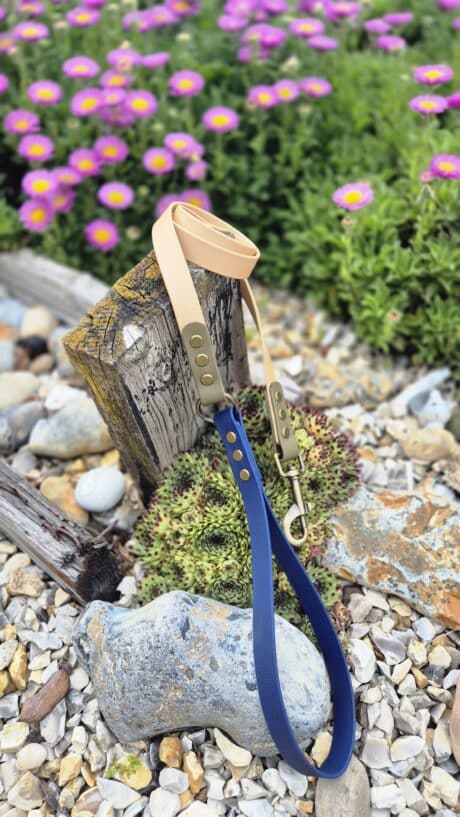 Handmade BioThane dog lead with cream handle and navy lead, displayed outdoors among flowers.