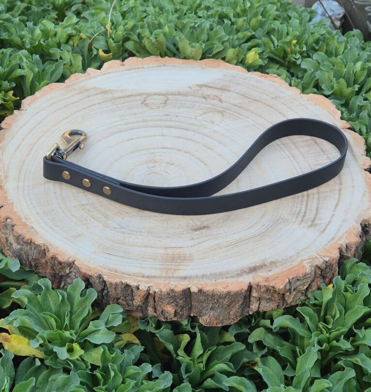 Black BioThane traffic handle with brass fittings and studs, displayed on natural wood slice surrounded by green plants.