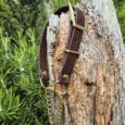Waterproof brown BioThane dog collar with brass buckle and chain lead, displayed on weathered wood outdoors.