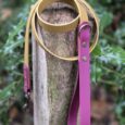 Winterberry gold BioThane dog collar with purple leather handle and brass hardware on garden post.