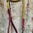 Winterberry gold BioThane dog lead with burgundy handles and brass hardware, displayed on weathered wood.