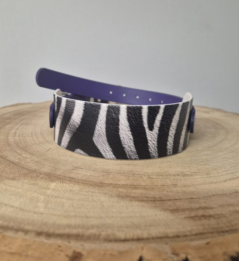 Zebra-striped handmade BioThane dog collar with navy blue strap and white hardware on wooden surface.