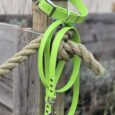 Bright lime green BioThane dog collar and lead with rope attachment, displayed on weathered wooden post.