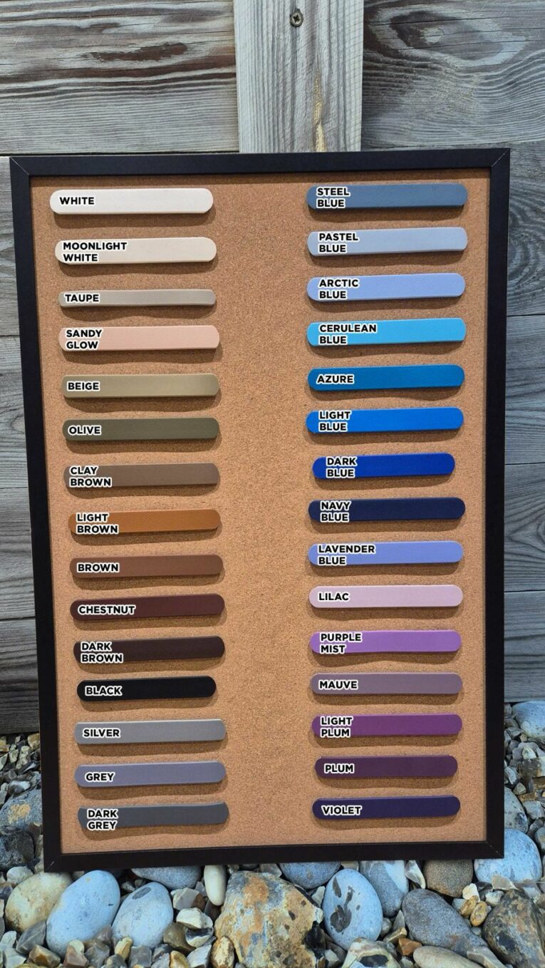 Comprehensive BioThane colour swatch chart displaying 36 handmade dog collar colour options from whites through browns, greys, blues, purples and more.