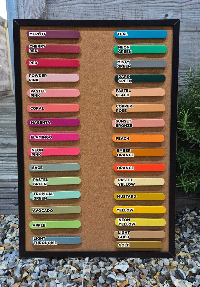 Comprehensive BioThane colour swatch chart displaying 32 vibrant handmade dog collar colour options from merlot to gold.