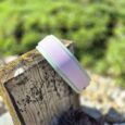 Pastel purple and mint BioThane double layered hound collar displayed on weathered wood in a garden setting.