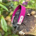 Vibrant magenta BioThane half check dog collar with white hardware and chain attachment, displayed on weathered wood in a garden setting.