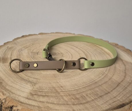 Handmade BioThane half slip collar in sage green and brown with metal D-rings and hardware
