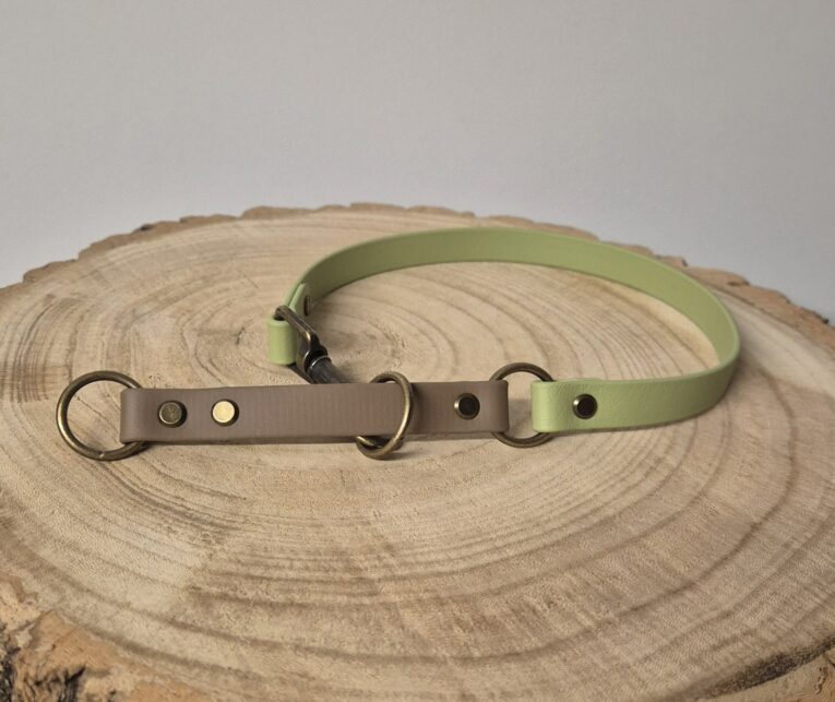 Handmade BioThane half slip collar in sage green and brown with metal D-rings and hardware