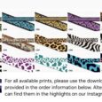 Colourful handmade BioThane dog collar prints displayed in a range of patterns including leopard, zebra, snakeskin and animal designs.