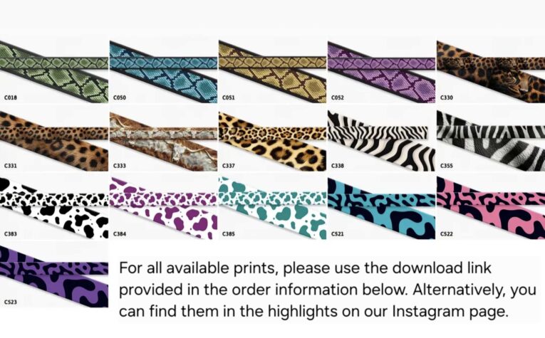 Colourful handmade BioThane dog collar prints displayed in a range of patterns including leopard, zebra, snakeskin and animal designs.