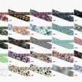 Colourful BioThane dog collar prints displayed in a grid of design options, featuring patterns and colours.