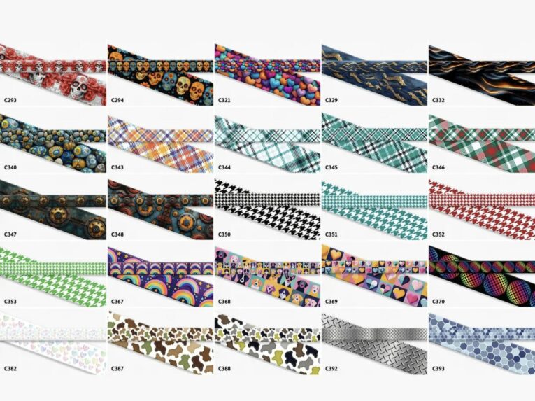 Colourful BioThane dog collar prints displayed in a grid of design options, featuring patterns and colours.
