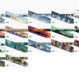 Collection of handmade BioThane dog collars in various printed designs, featuring landscapes, forests, mountains, and wildlife patterns.