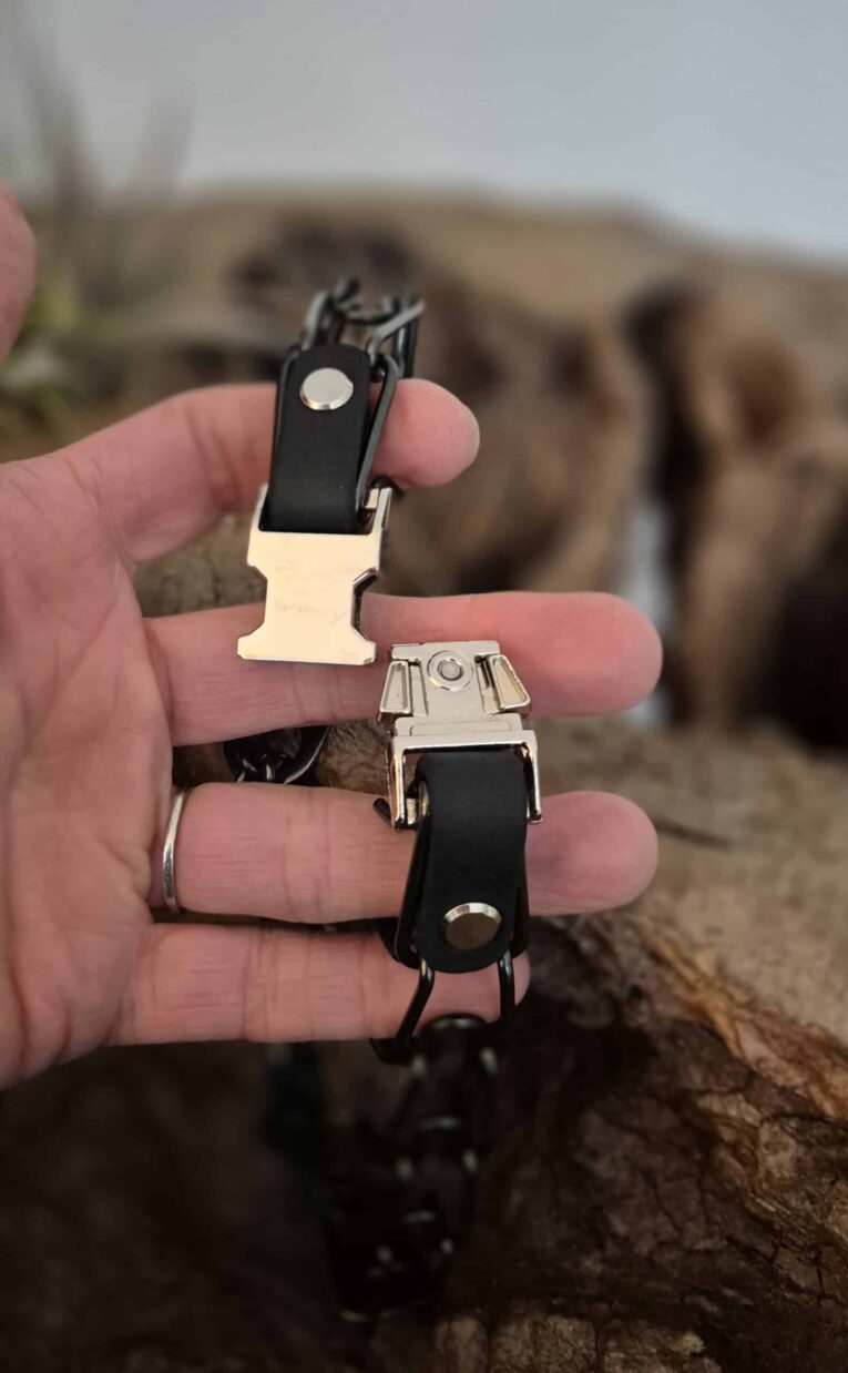 BioThane quick release buckle attachment for handmade dog collars, featuring silver hardware and black webbing