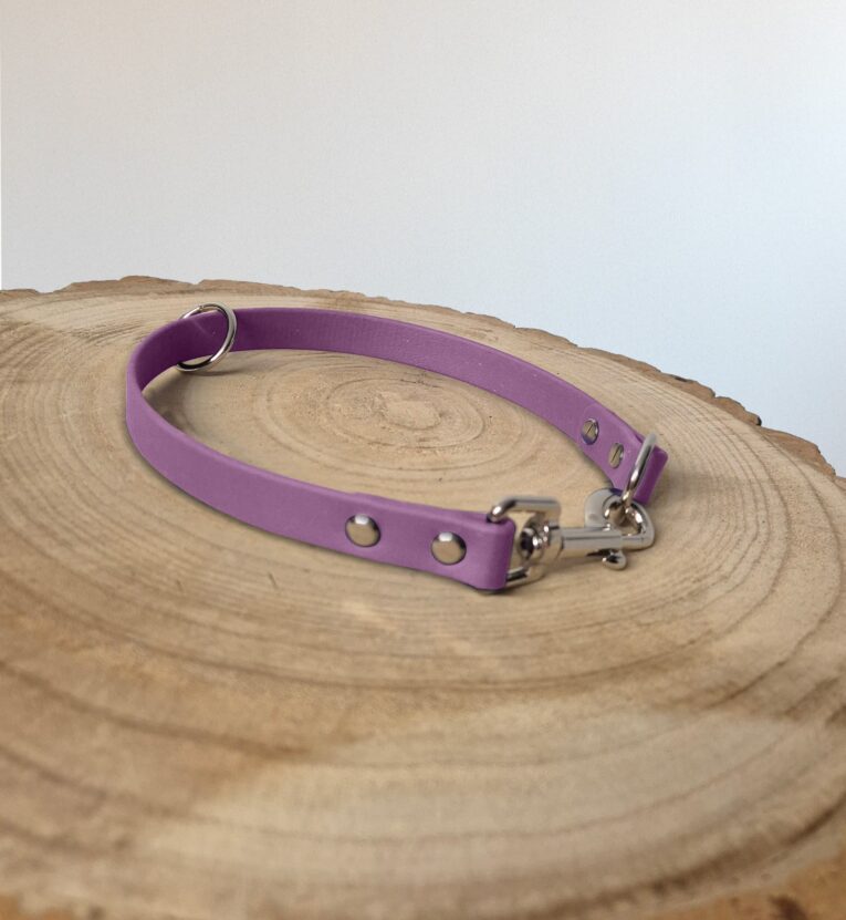 Purple BioThane slip and clip collar with metal hardware displayed on natural wood.