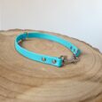 Bright turquoise BioThane slip collar with metal D-ring and clasp, displayed on natural wood.