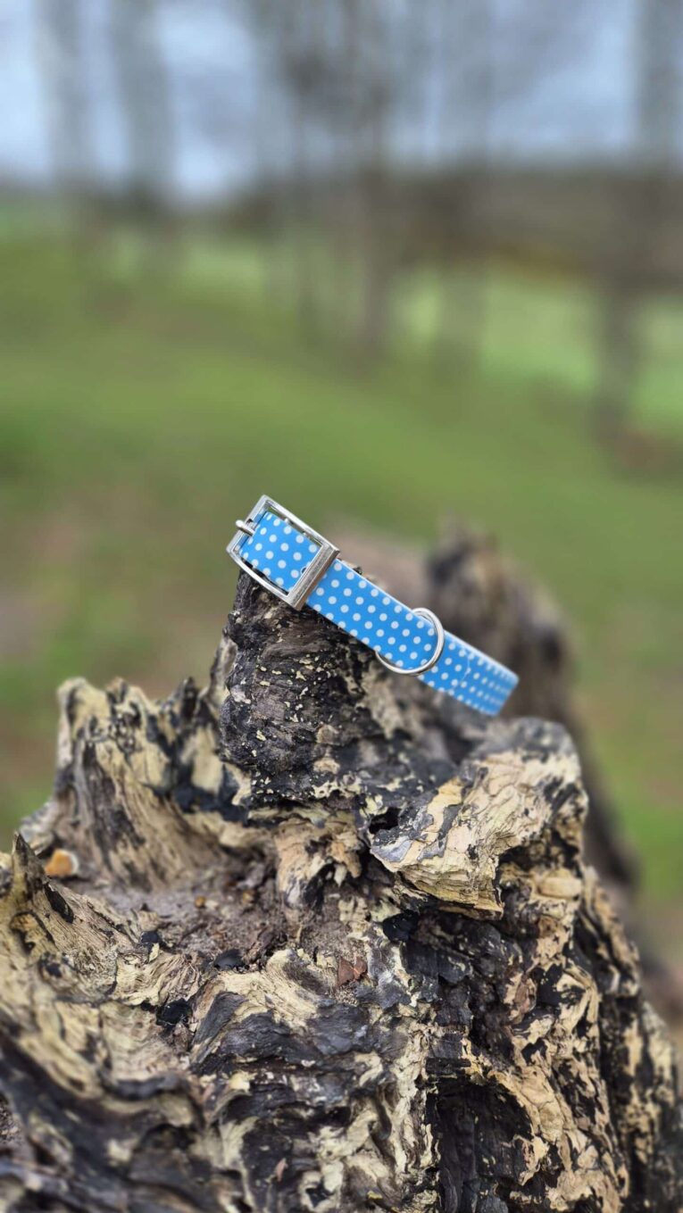 Blue polka dot handmade BioThane dog collar displayed on textured bark with rural landscape background.