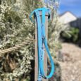Bright blue polka dot lead with metal hardware, displayed on wooden post with white flowering shrubs behind.