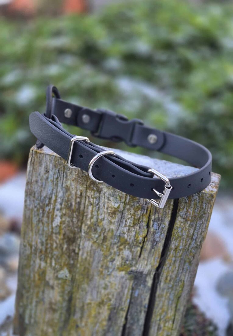 Two black BioThane dog collars with metal D-rings and buckles displayed on weathered wood outdoors.