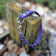 Bright purple BioThane dog slip collar with silver chain and hardware, displayed on weathered wood.