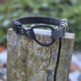 Black BioThane dog collar replacement strap with bungee attachment and metal D-rings displayed on weathered wood.