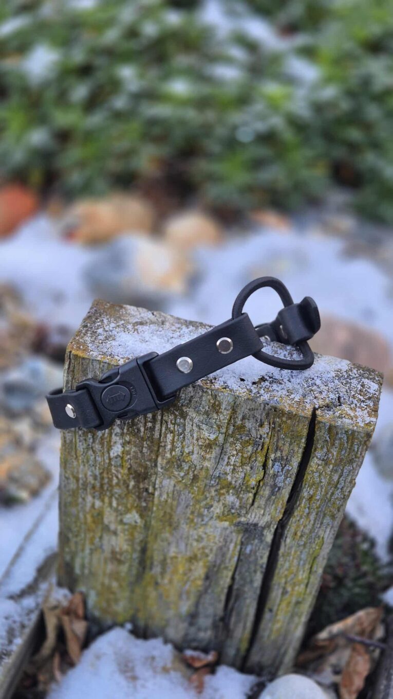 Black BioThane ecollar replacement strap with bungee cord and metal hardware, displayed on weathered wood.