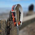 Handmade BioThane dog collar with vibrant red and orange fire print design, displayed on weathered wooden post by sea.