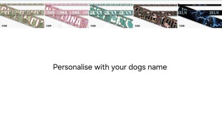 Colourful printed BioThane dog collars in five designs, personalised with dog names