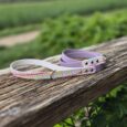 Two handmade BioThane dog leads with gingham print patterns displayed on rustic wood, countryside backdrop.