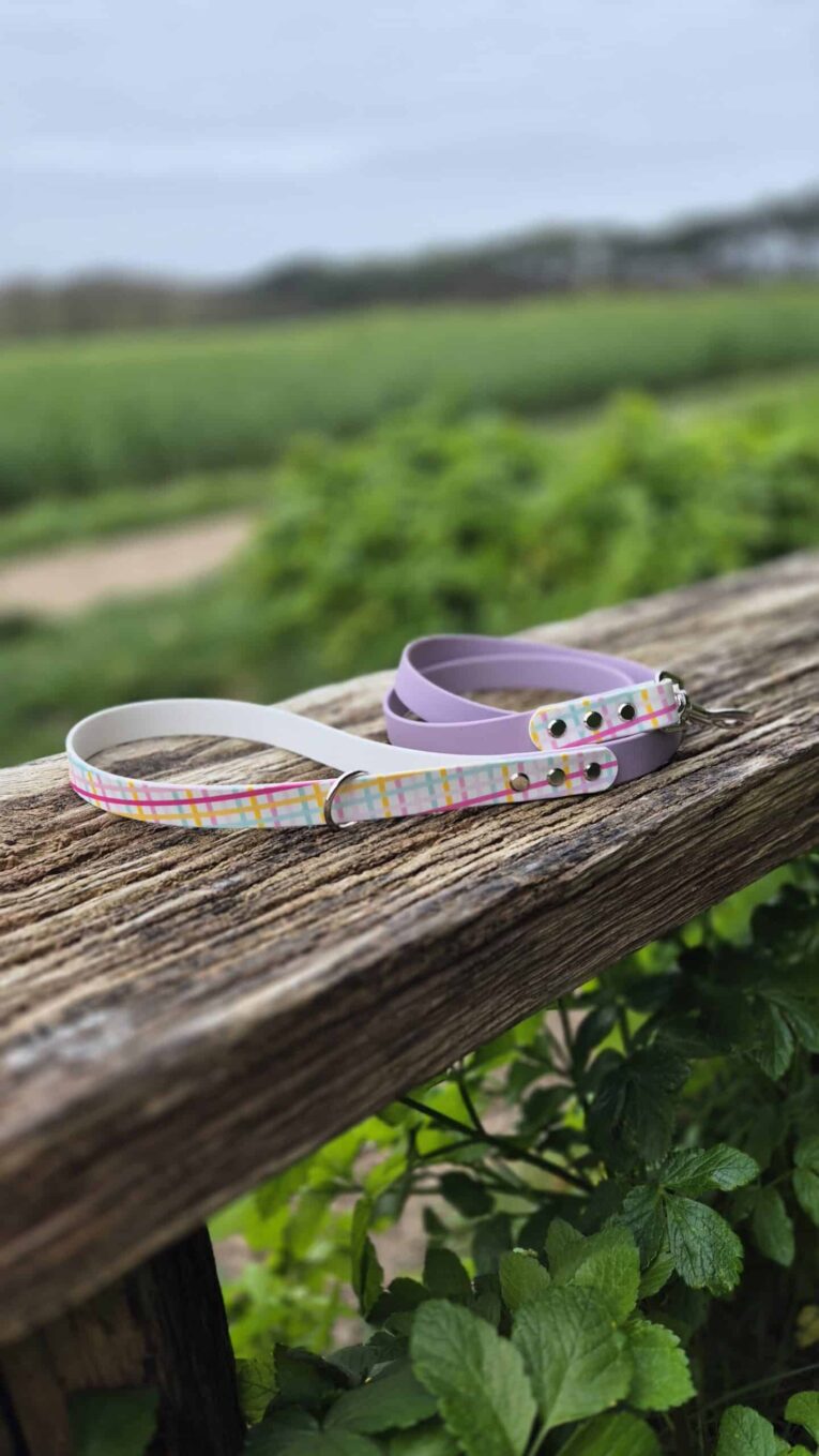 Two handmade BioThane dog leads with gingham print patterns displayed on rustic wood, countryside backdrop.