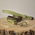 Handmade BioThane dog lead and collar set in lime green and olive, featuring brass hardware on natural wood.