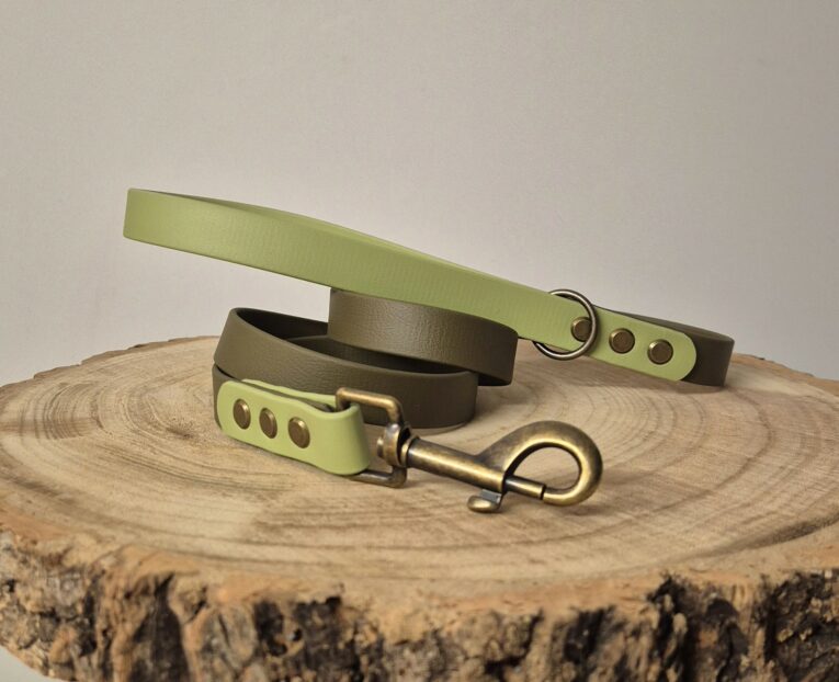 Handmade BioThane dog lead and collar set in lime green and olive, featuring brass hardware on natural wood.