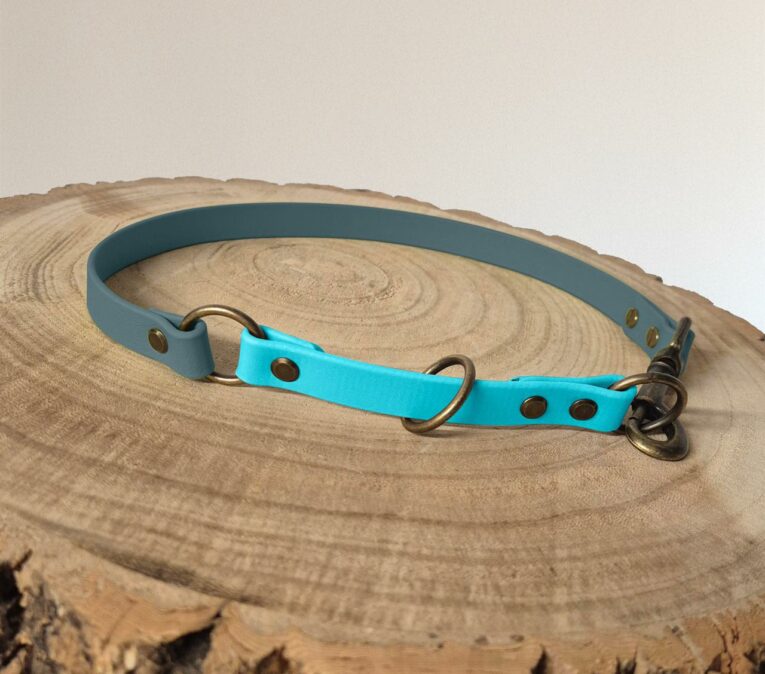 Turquoise and slate blue handmade BioThane half slip dog collar with brass hardware on wooden surface.