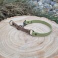 Handmade BioThane half slip collar in sage green and brown with metal hardware, displayed on wood.