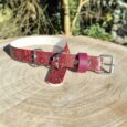 Red Halloween-themed handmade BioThane dog collar with printed design, displayed on wooden surface outdoors.