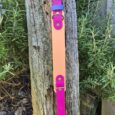 Colourful handmade BioThane dog collar displayed on weathered wood, featuring pink, peach and blue sections with brass hardware.