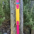 Vibrant handmade BioThane hound collar in pink, yellow and blue with metal hardware, displayed on weathered wood.